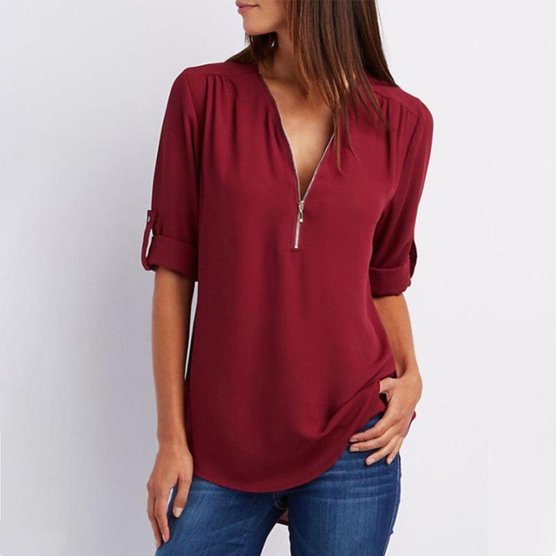 Johanna - Casual Blouse met Ritssluiting en Korte Mouwen