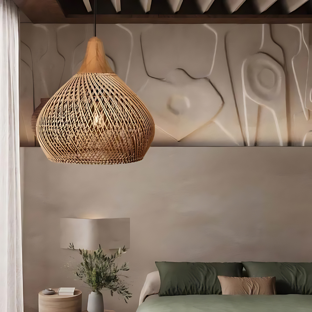 Boho rotan hanglamp – handgeweven natuurlijke sfeerverlichting