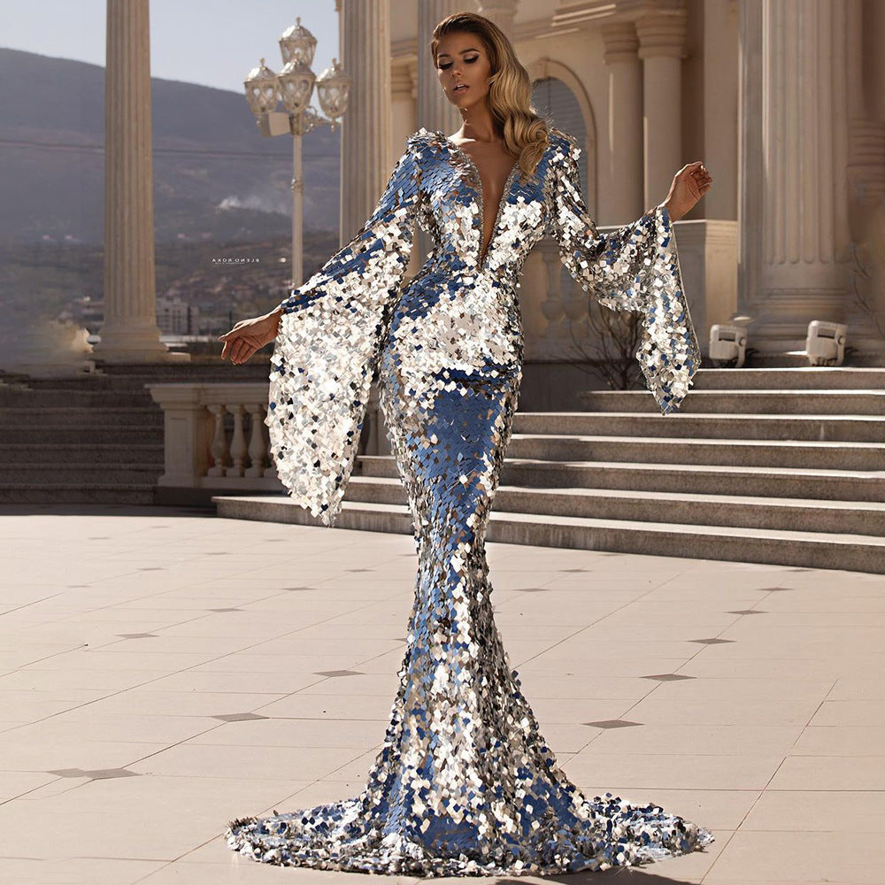 Noelle - Charmante zilveren feestjurk met pailletten, hippe avondjurk