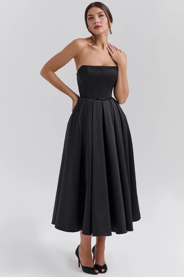 Aneri | Strapless midi jurk met korset en geplooide rok 10