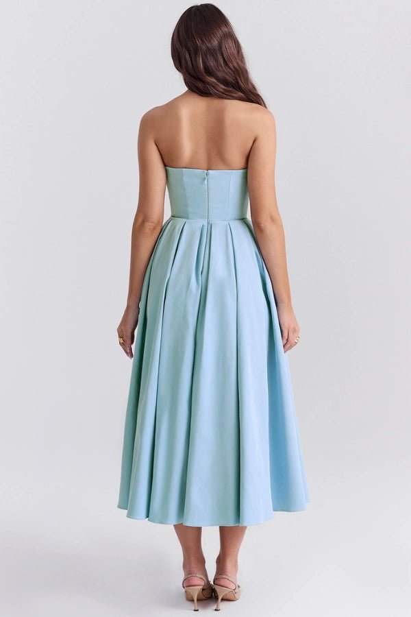 Aneri | Strapless midi jurk met korset en geplooide rok 2