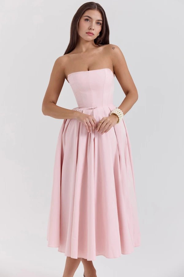 Aneri | Strapless midi jurk met korset en geplooide rok 3