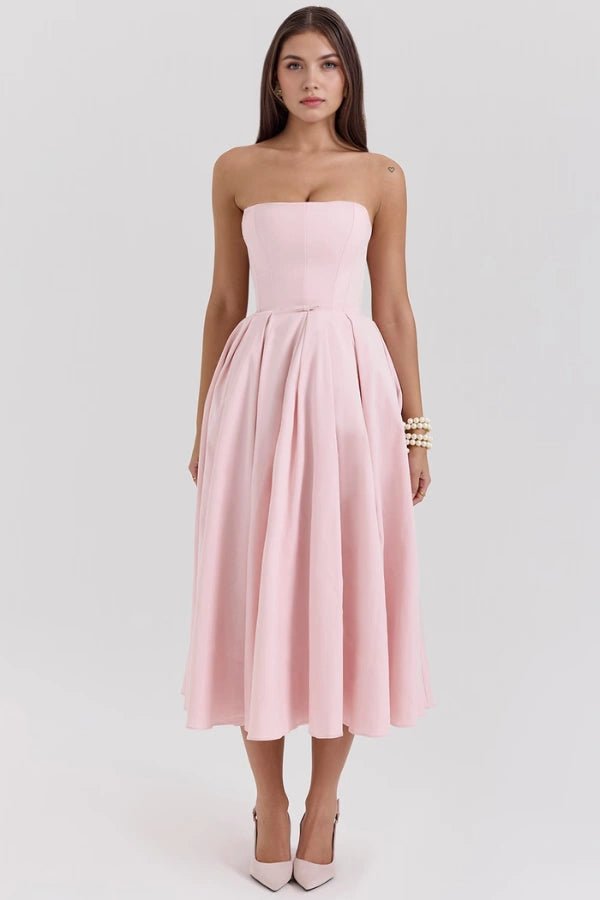 Aneri | Strapless midi jurk met korset en geplooide rok 4
