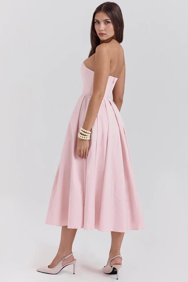 Aneri | Strapless midi jurk met korset en geplooide rok 5