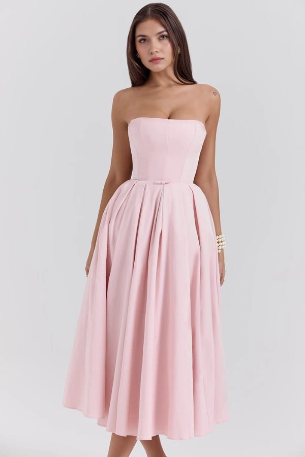 Aneri | Strapless midi jurk met korset en geplooide rok 6