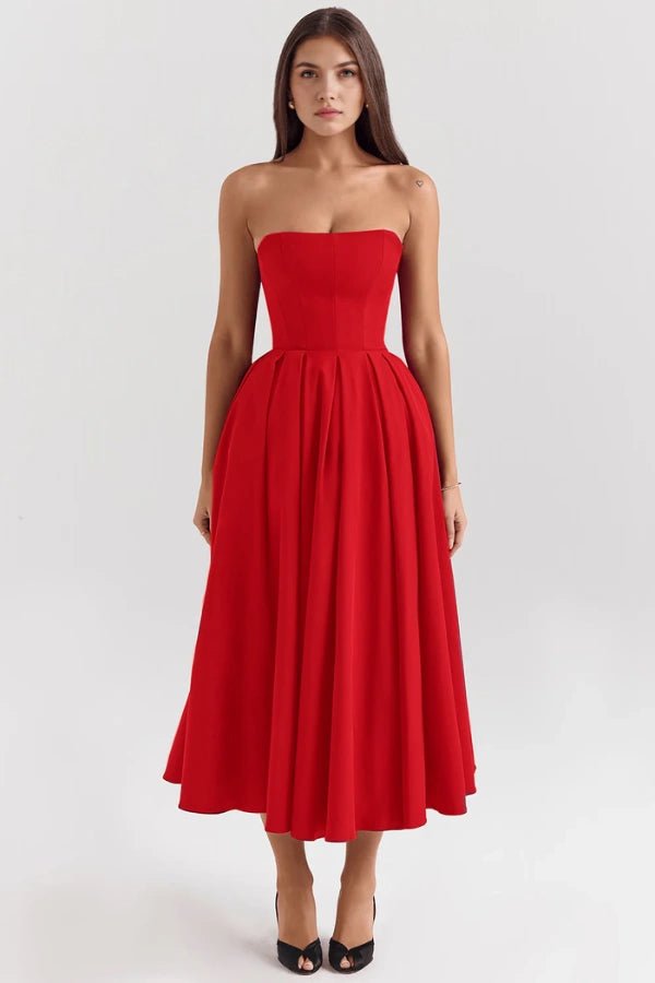 Aneri | Strapless midi jurk met korset en geplooide rok 7