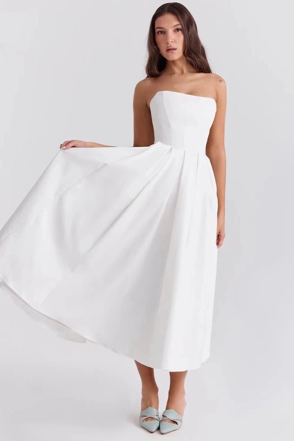 Aneri | Strapless midi jurk met korset en geplooide rok 9
