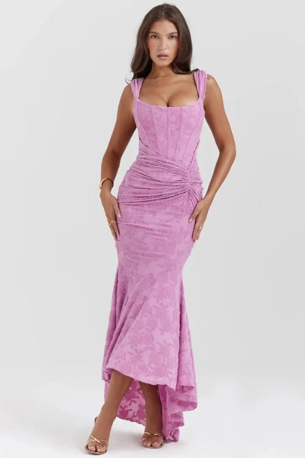 Arabella | Gestructureerde bloemenjacquard jurk met hoog-laag zoom 0