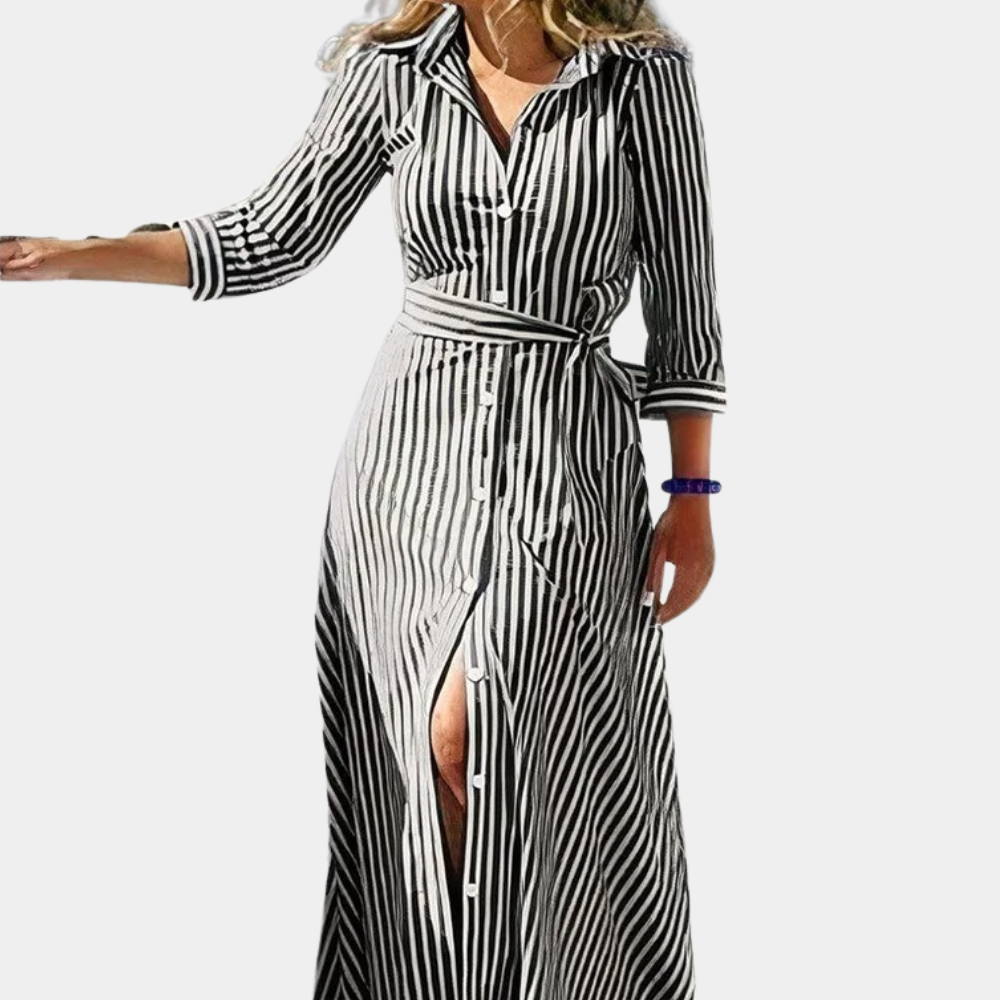 Giselle - Comfortabele Gestreepte Midi Jurk met V-Hals voor Dames