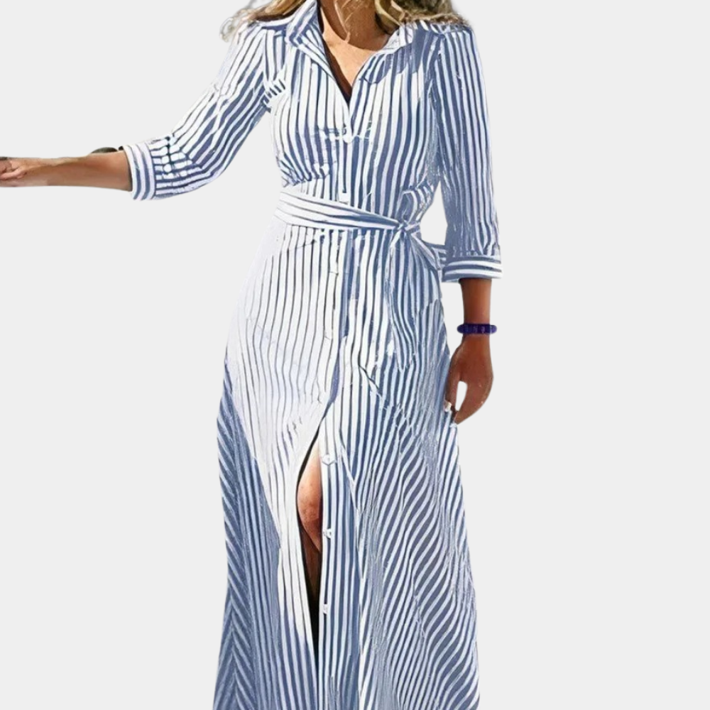 Giselle - Comfortabele Gestreepte Midi Jurk met V-Hals voor Dames