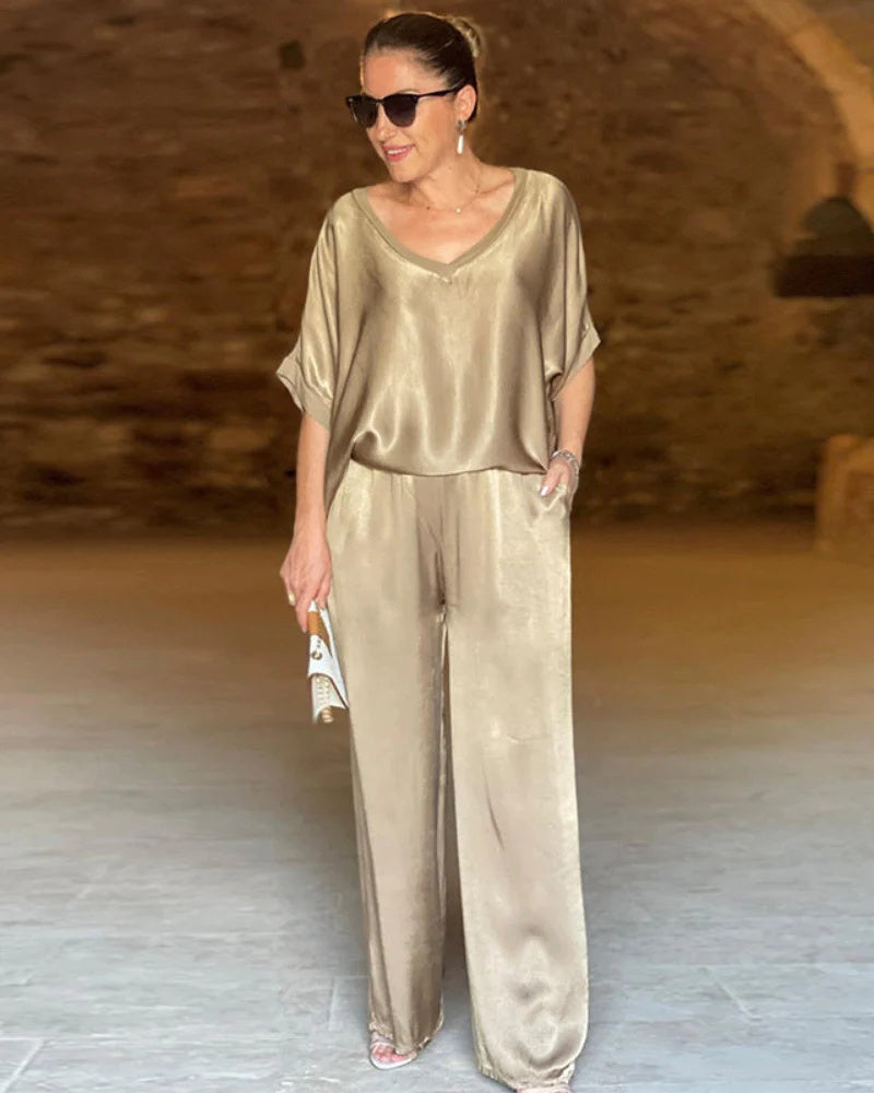 Sandra - Stijlvolle 2-delige Set voor Dames - Satijn Korte Mouwen Blouse met Broek