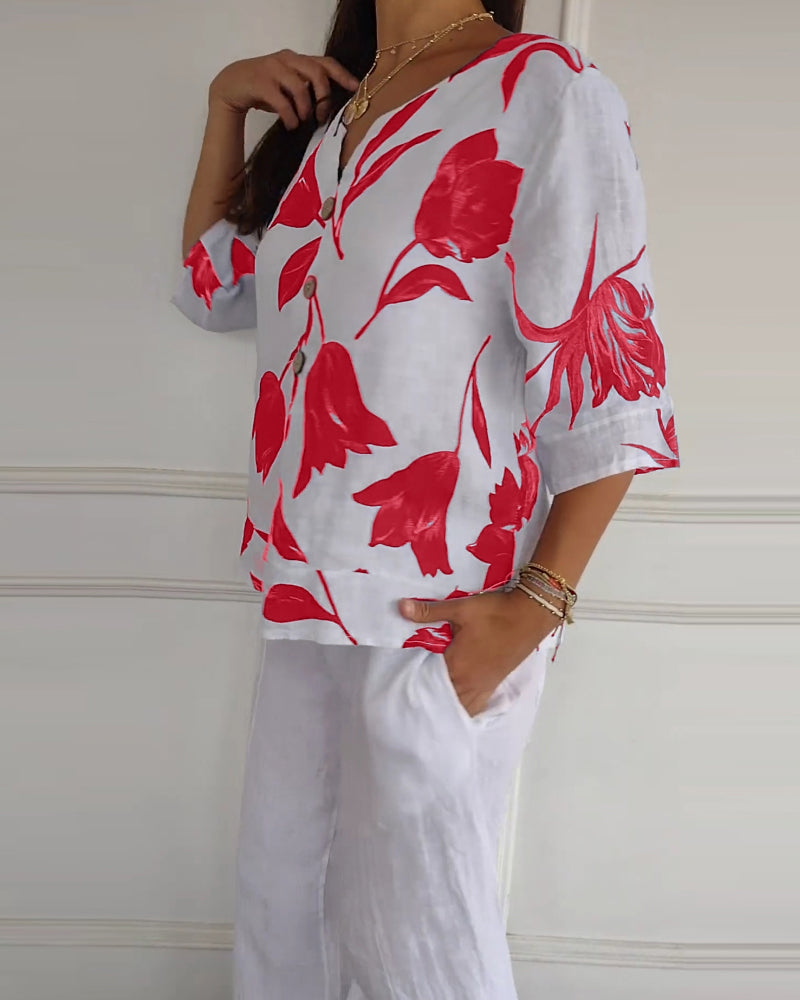 Casual Blouse Met Bloemenprint En Knoopsluiting | Navando