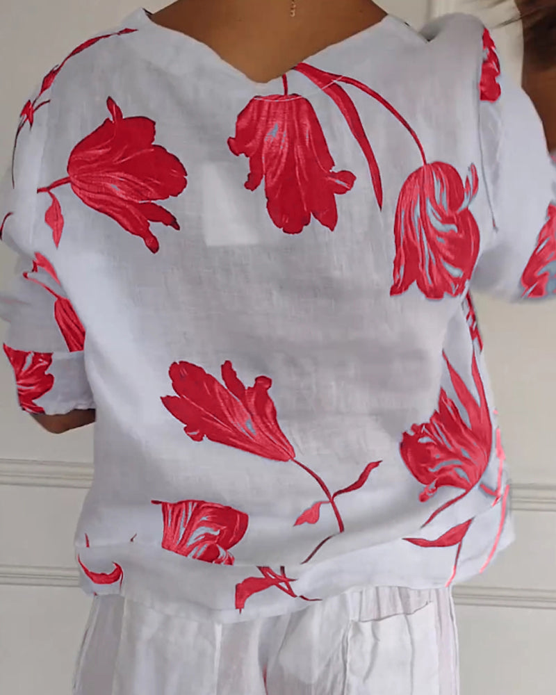 Casual Blouse Met Bloemenprint En Knoopsluiting | Navando