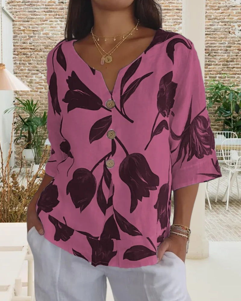 Casual Blouse Met Bloemenprint En Knoopsluiting | Navando