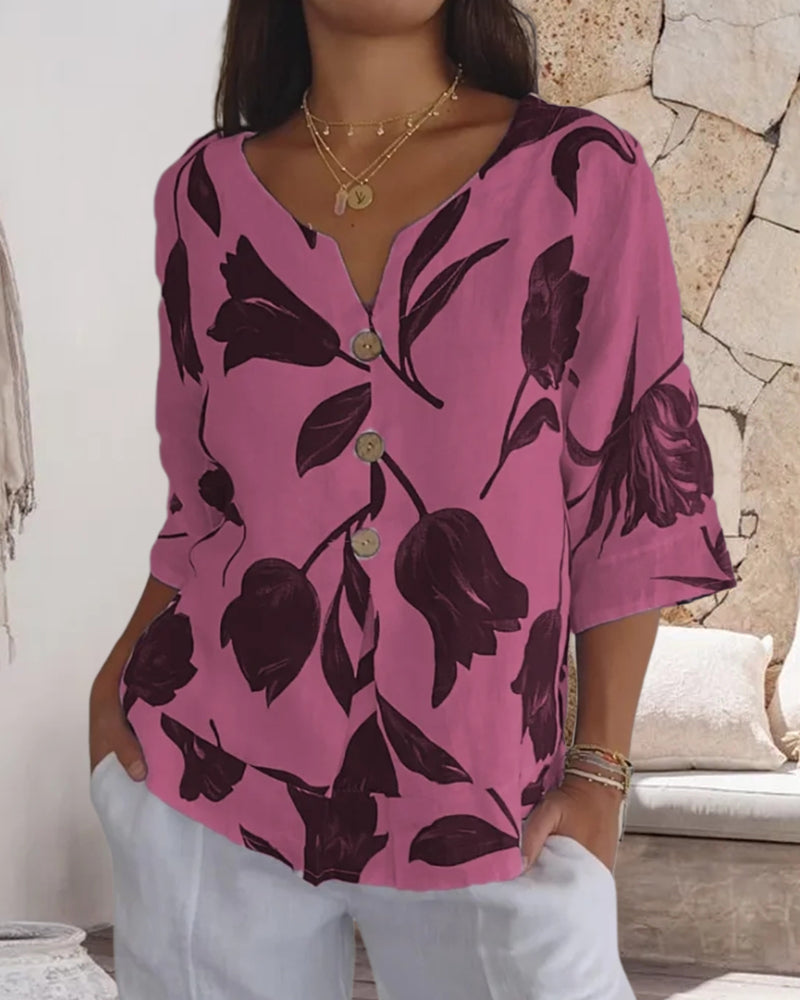 Casual Blouse Met Bloemenprint En Knoopsluiting | Navando