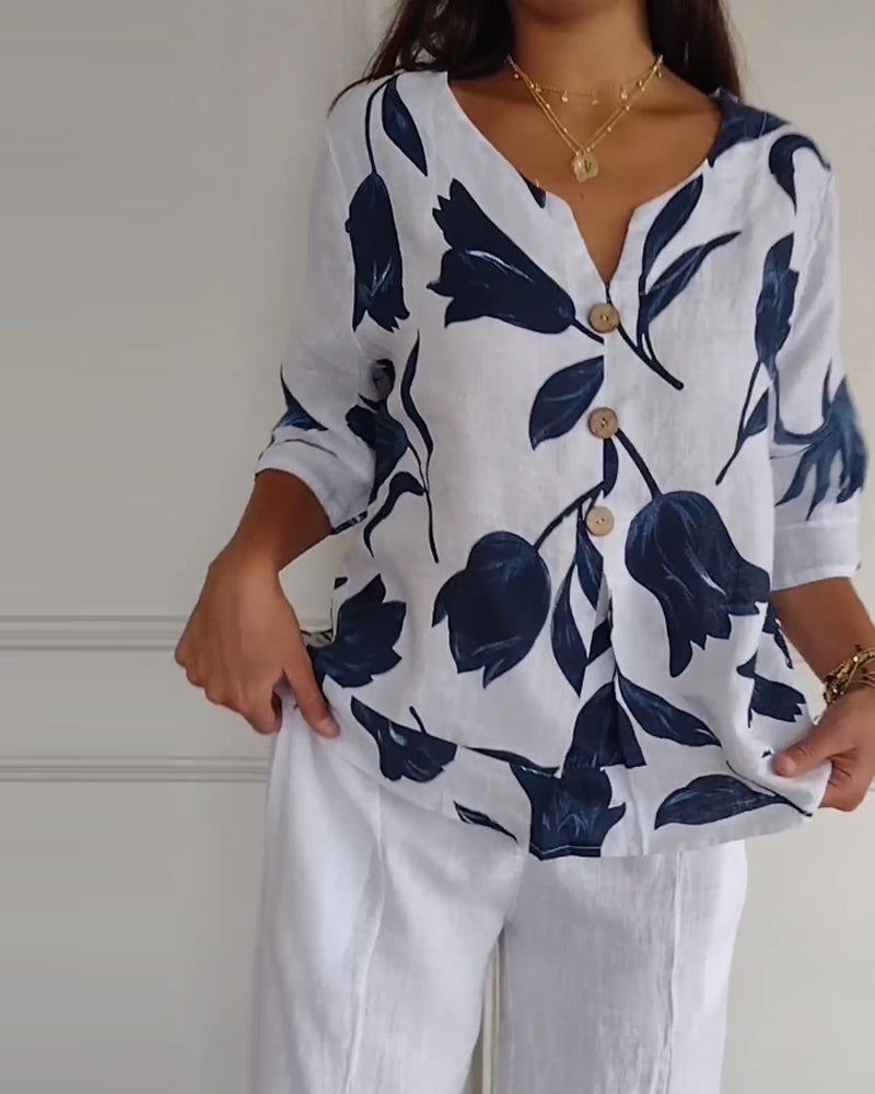 Casual Blouse Met Bloemenprint En Knoopsluiting | Navando