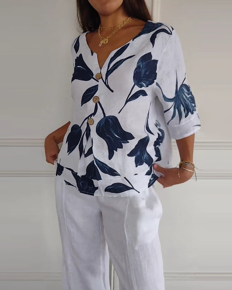 Casual Blouse Met Bloemenprint En Knoopsluiting | Navando