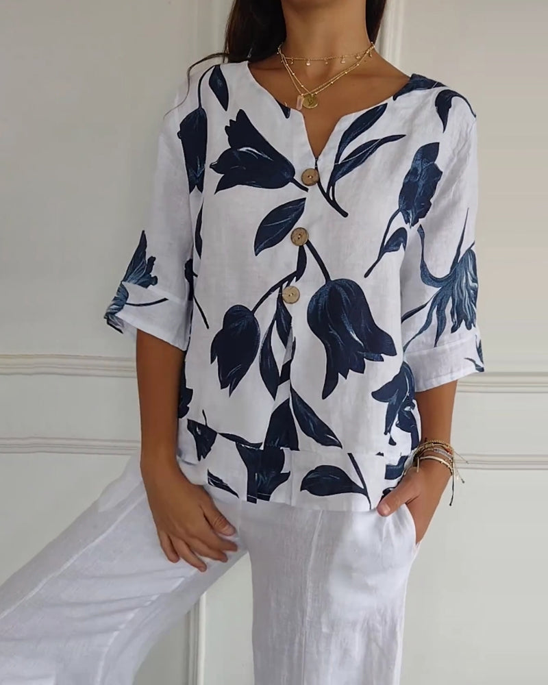 Casual Blouse Met Bloemenprint En Knoopsluiting | Navando