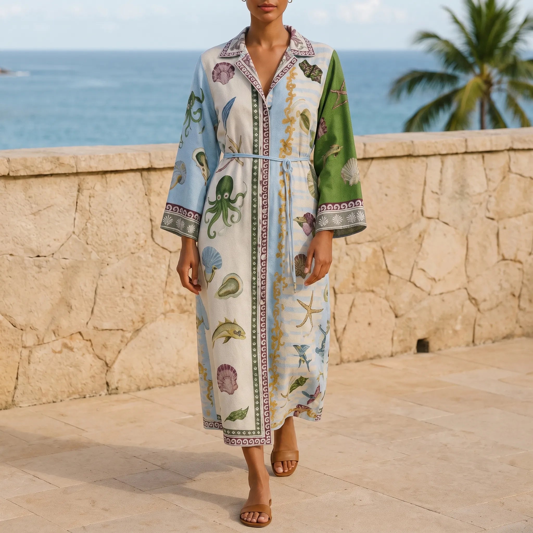 Casual Midi Overhemdjurk Met Maritieme Print | Navando 
