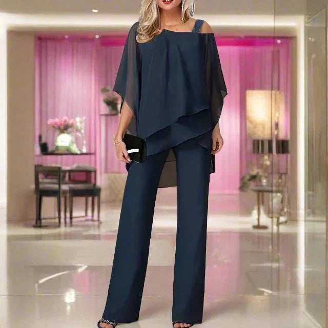 Chiffonset | Losse pasvorm met asymmetrische top en rechte broek 6