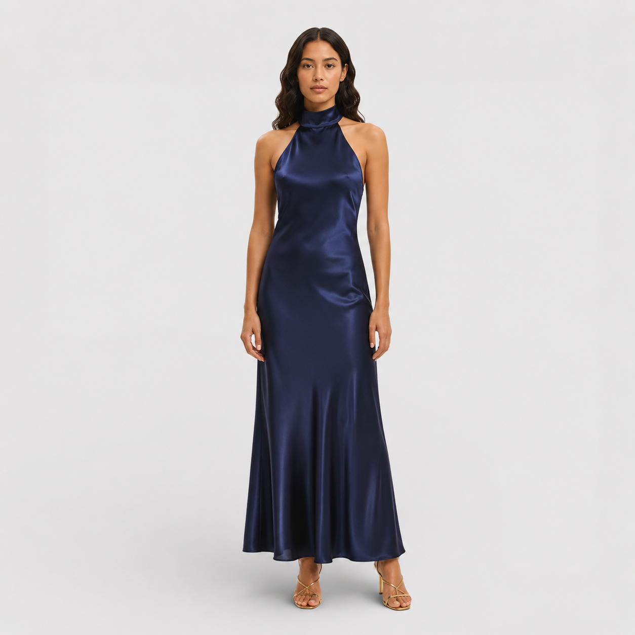 Elegant | Halter satijnen maxi jurk met open rug blauw