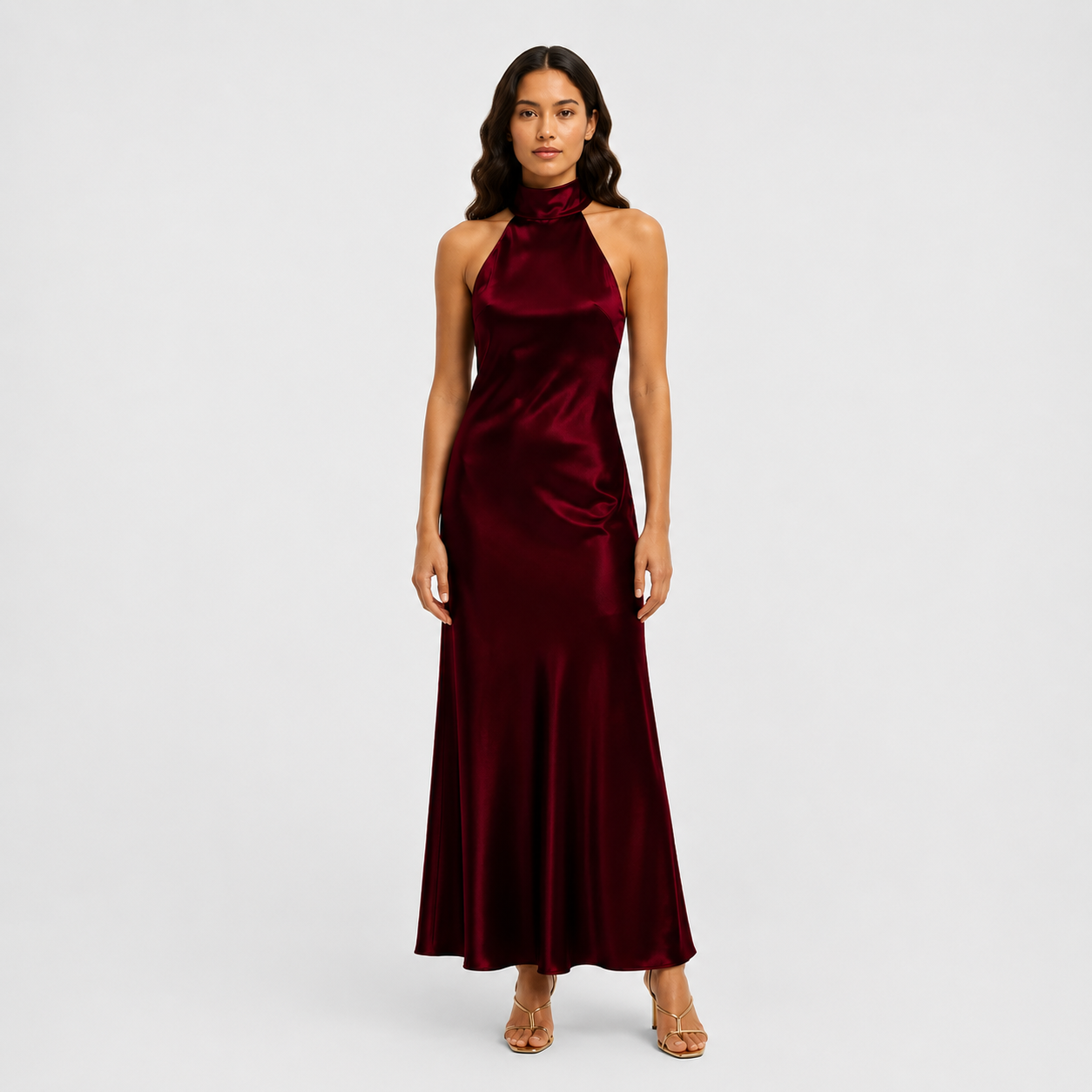 Elegant | Halter satijnen maxi jurk met open rug donkerrood