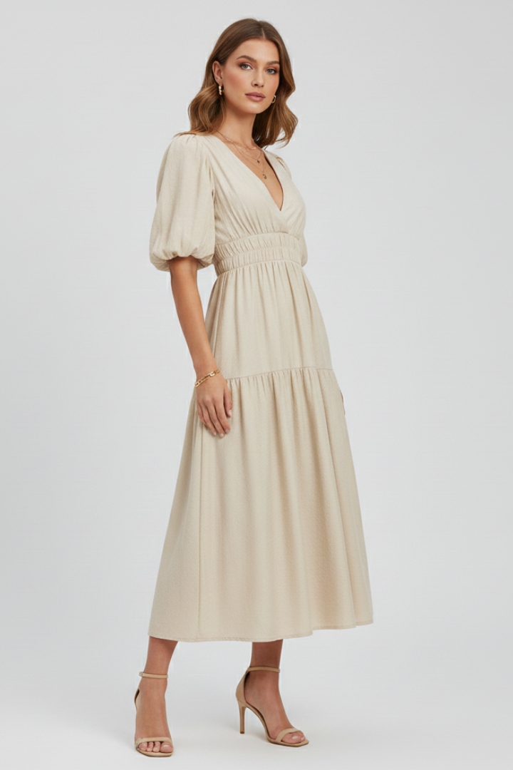 Elegante Damesjurk Met Korte Pofmouwen | Navando 