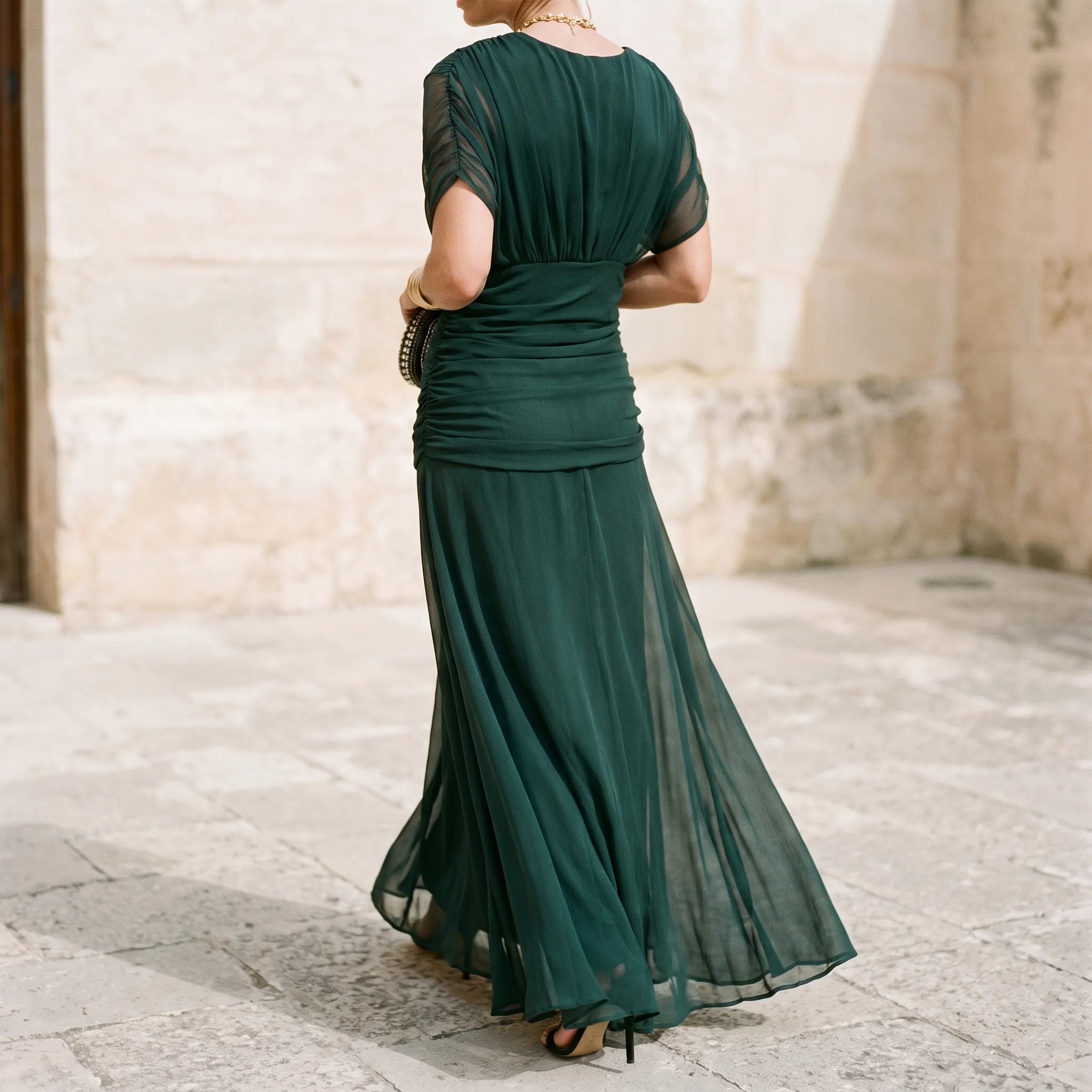 Elegante Groene Maxi Jurk Met Geplooide Taille | Navando 