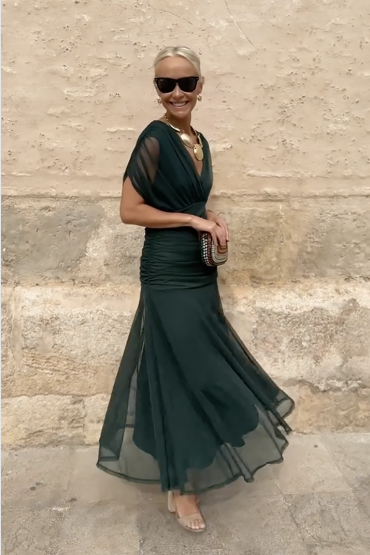 Elegante Groene Maxi Jurk Met Geplooide Taille | Navando 