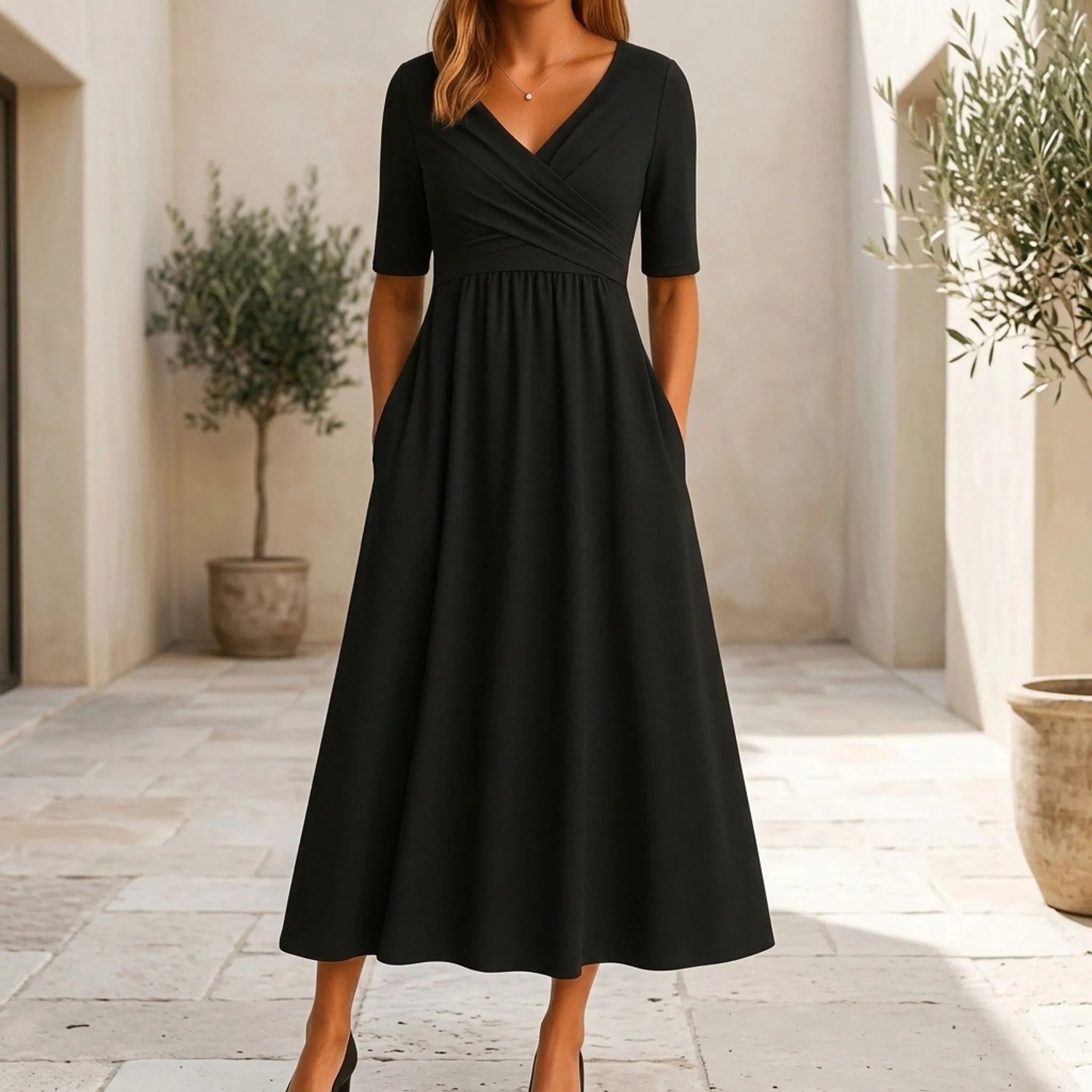 Elegante Midi-Jurk Met V-Hals | Navando 
