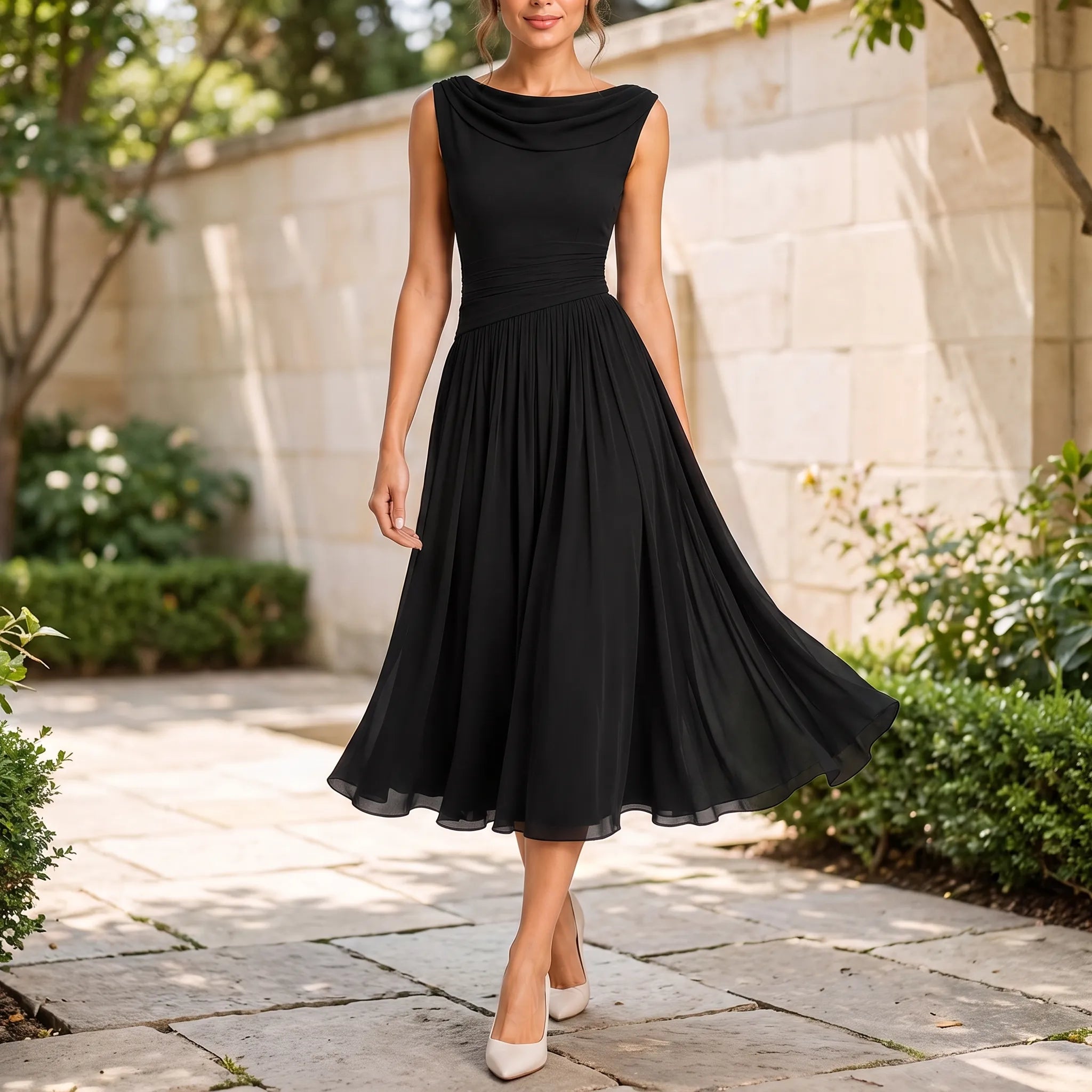 Elegante Mouwloze Geplooide Midi Jurk | Navando 