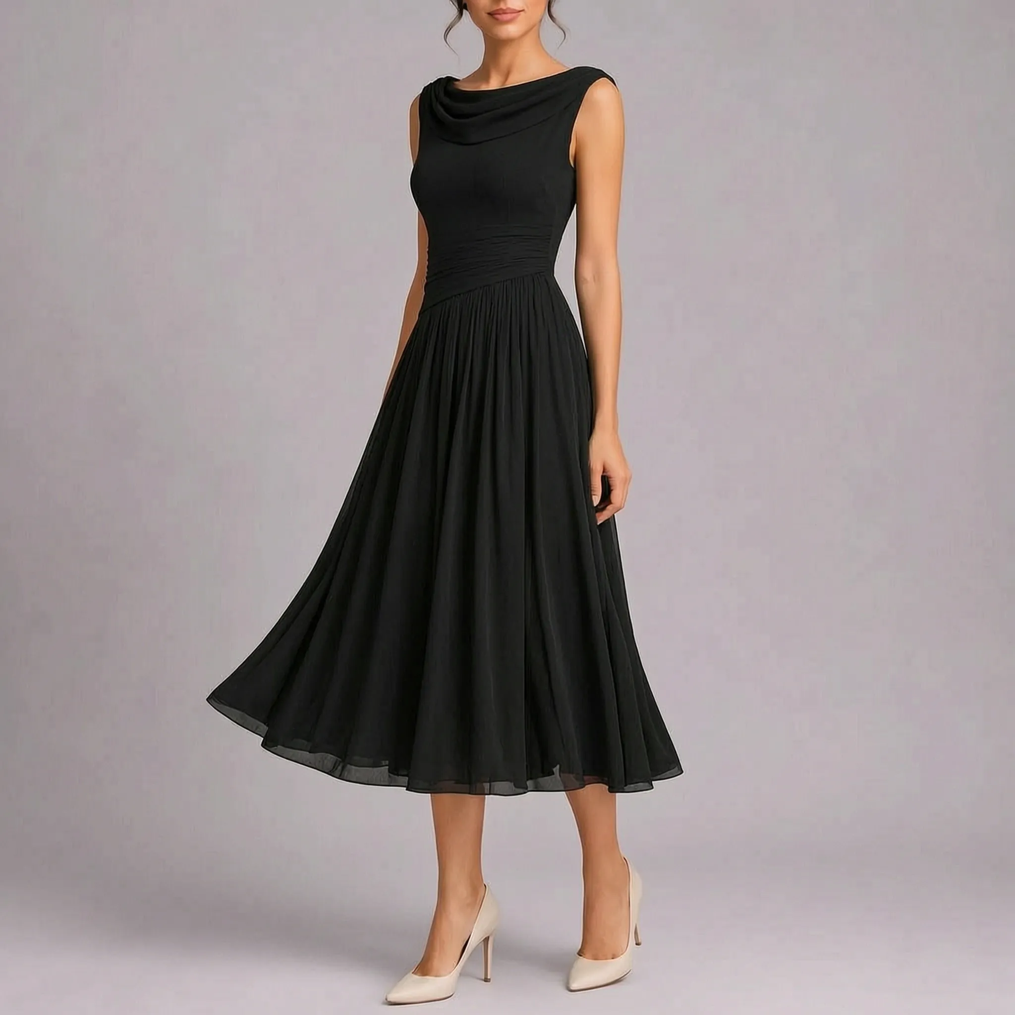 Elegante Mouwloze Geplooide Midi Jurk | Navando 