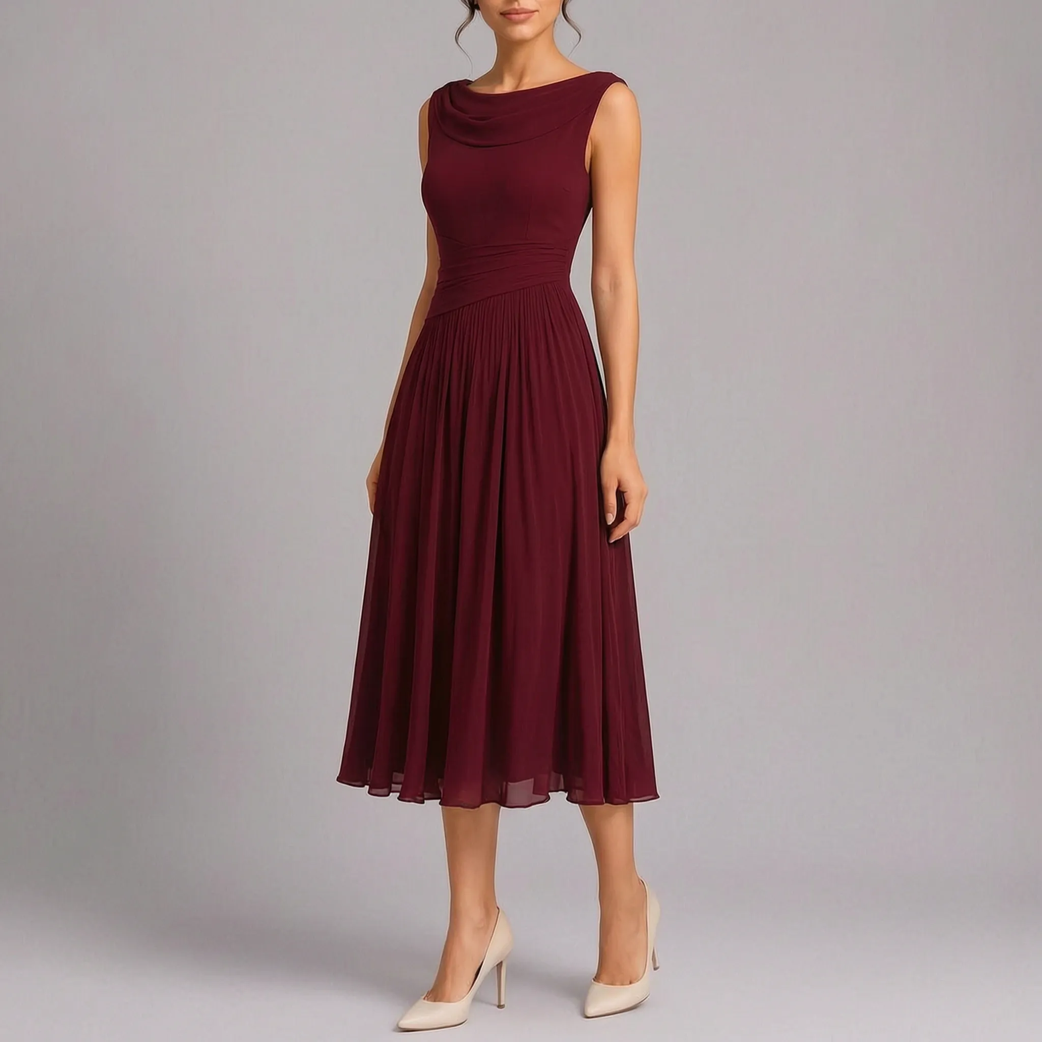 Elegante Mouwloze Geplooide Midi Jurk | Navando 
