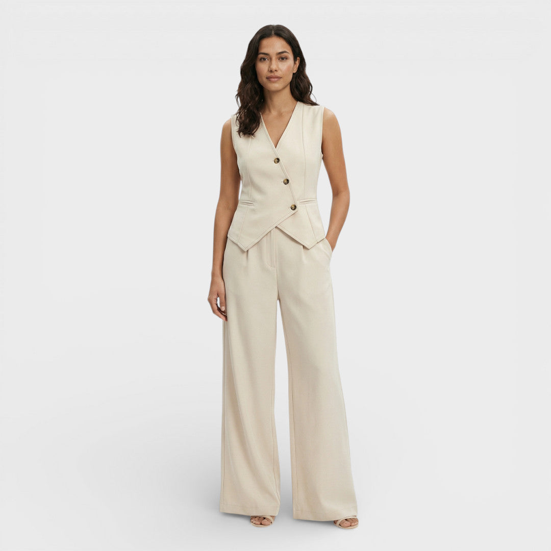 Elegante | Aansluitend mouwloos vest met wijde broek | Tweedelige set dames 0