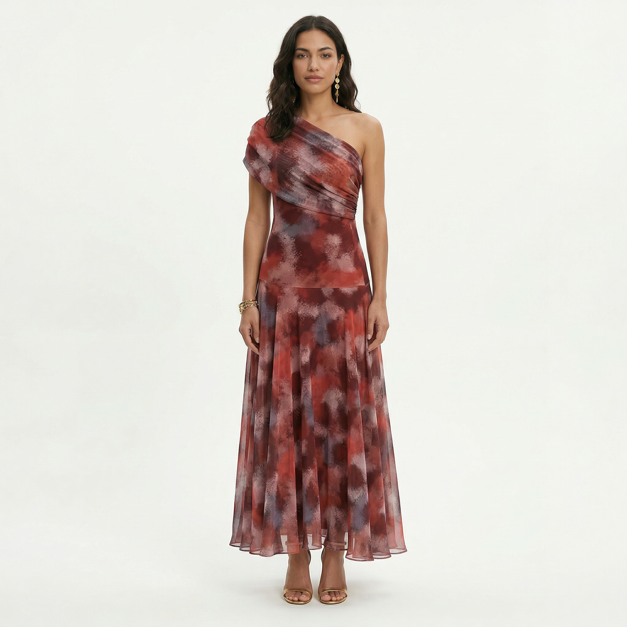 Elegante jurk | Asymmetrische halslijn, hoge taille, bloemenprint, lange damesjurk 1