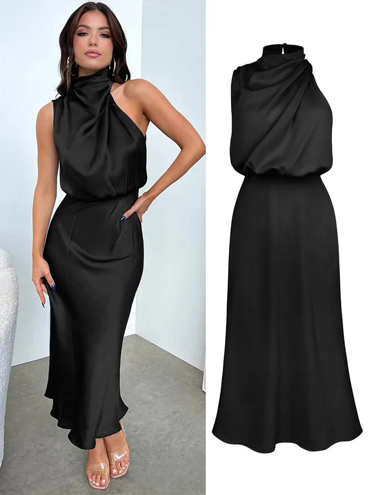 Elegante satijnen midi jurk | Asymmetrische halslijn, aansluitende snit 10