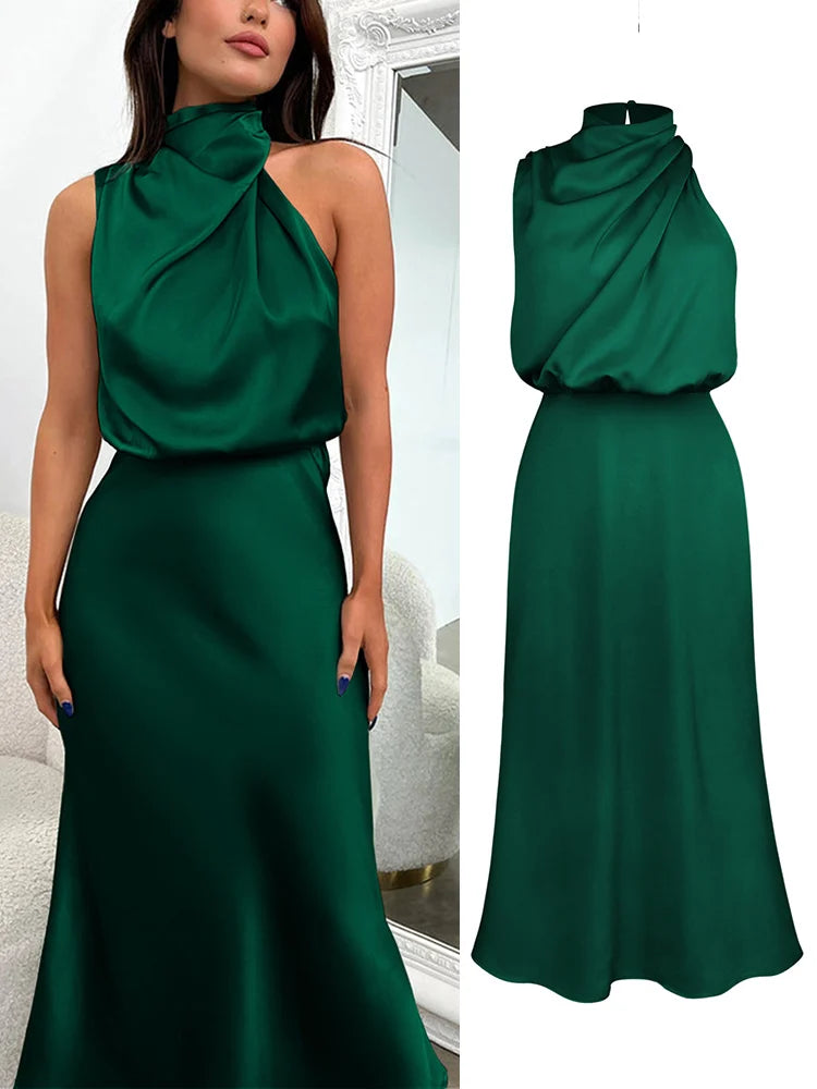 Elegante satijnen midi jurk | Asymmetrische halslijn, aansluitende snit 12