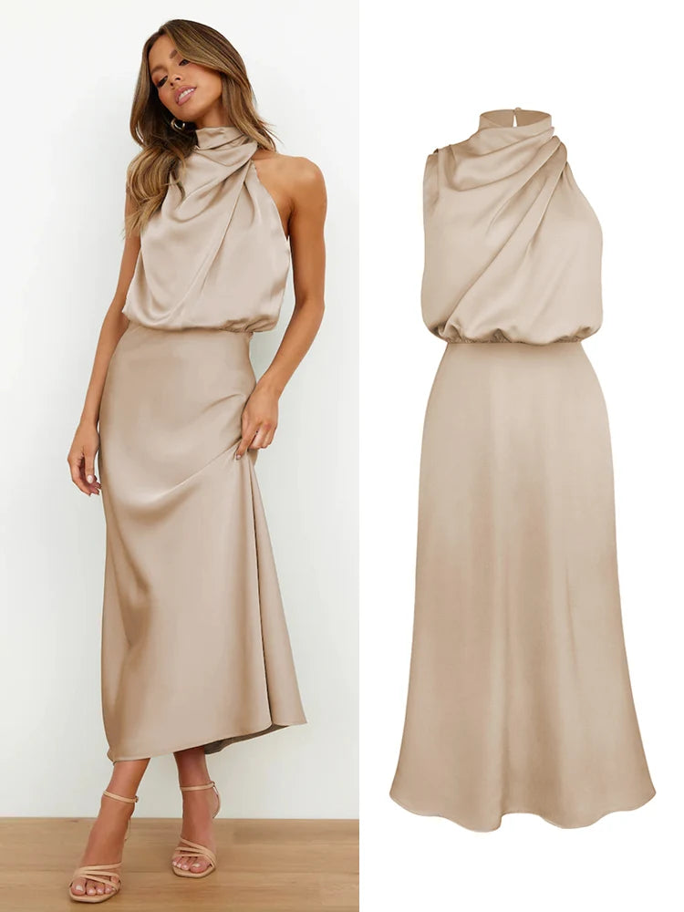 Elegante satijnen midi jurk | Asymmetrische halslijn, aansluitende snit 13