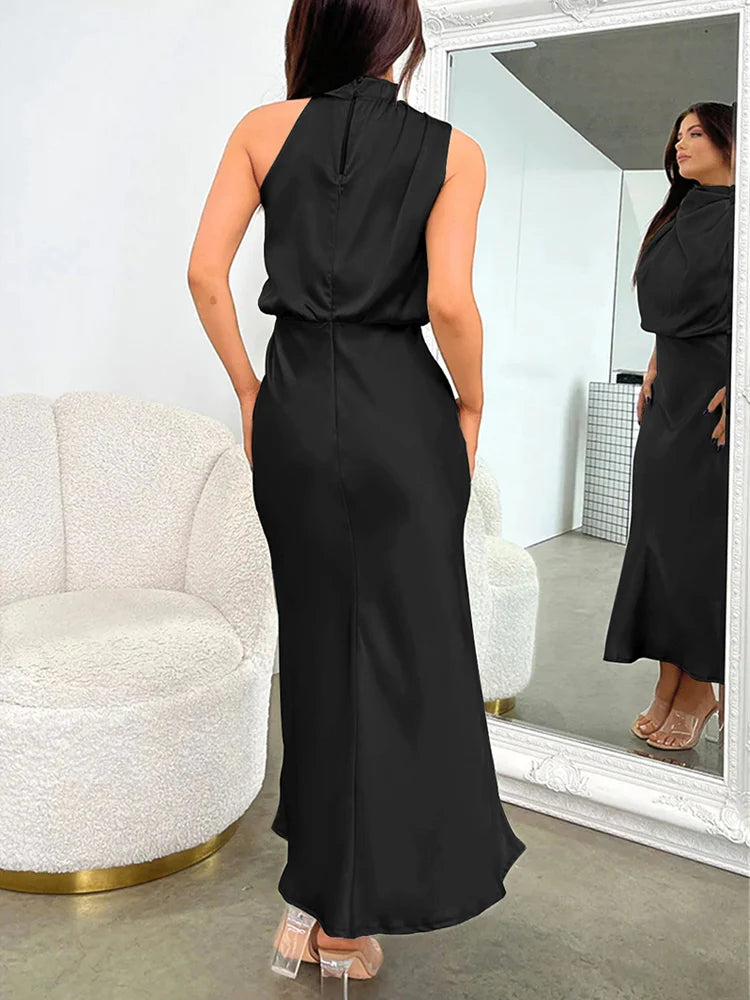 Elegante satijnen midi jurk | Asymmetrische halslijn, aansluitende snit 3