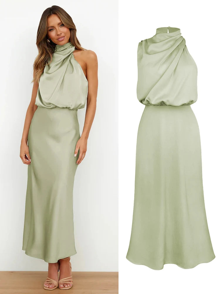 Elegante satijnen midi jurk | Asymmetrische halslijn, aansluitende snit 5