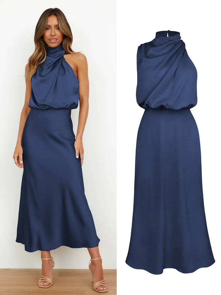 Elegante satijnen midi jurk | Asymmetrische halslijn, aansluitende snit 8