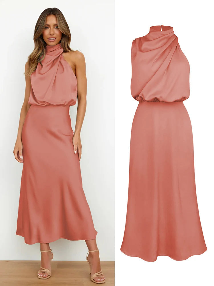 Elegante satijnen midi jurk | Asymmetrische halslijn, aansluitende snit 9