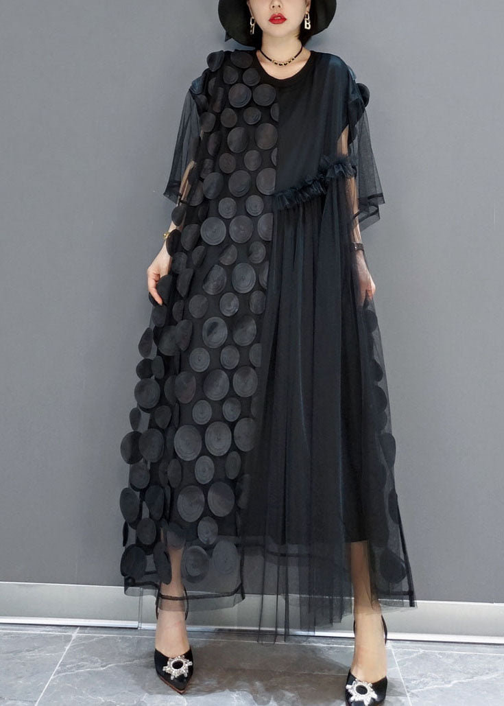 Elegante zwarte tule jurk | O-hals, asymmetrische halve mouwen, losvallende pasvorm 1