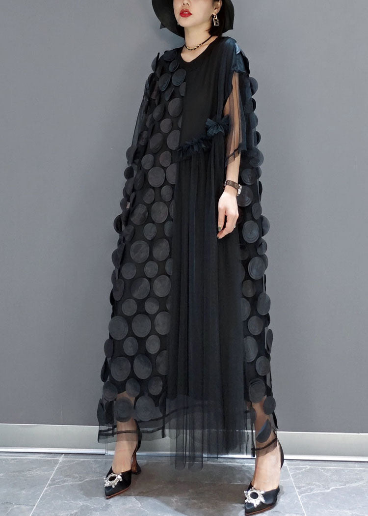 Elegante zwarte tule jurk | O-hals, asymmetrische halve mouwen, losvallende pasvorm 6