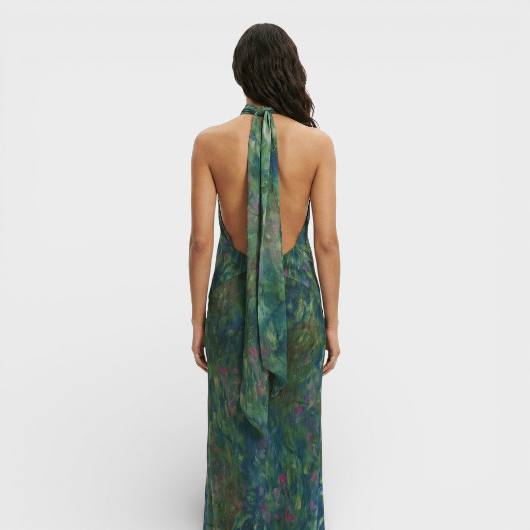 Feestjurk | Artistieke print met hoge hals en open rug 1