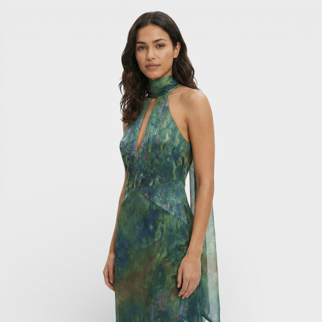 Feestjurk | Artistieke print met hoge hals en open rug 3