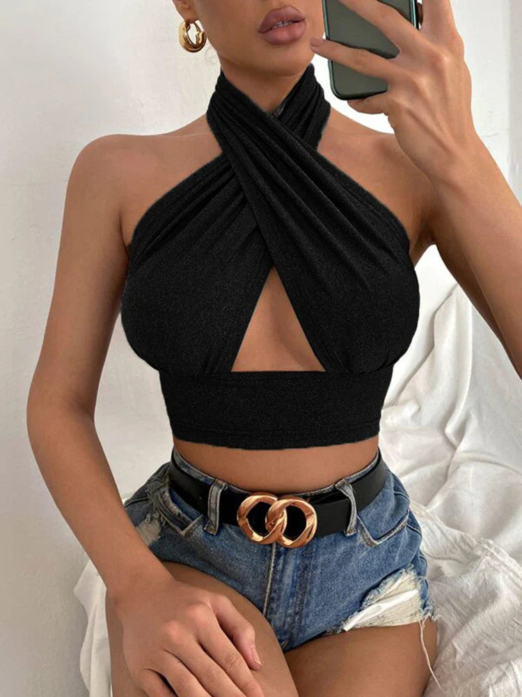 Xanthe - crop top halter d'été à encolure croisée pour femmes