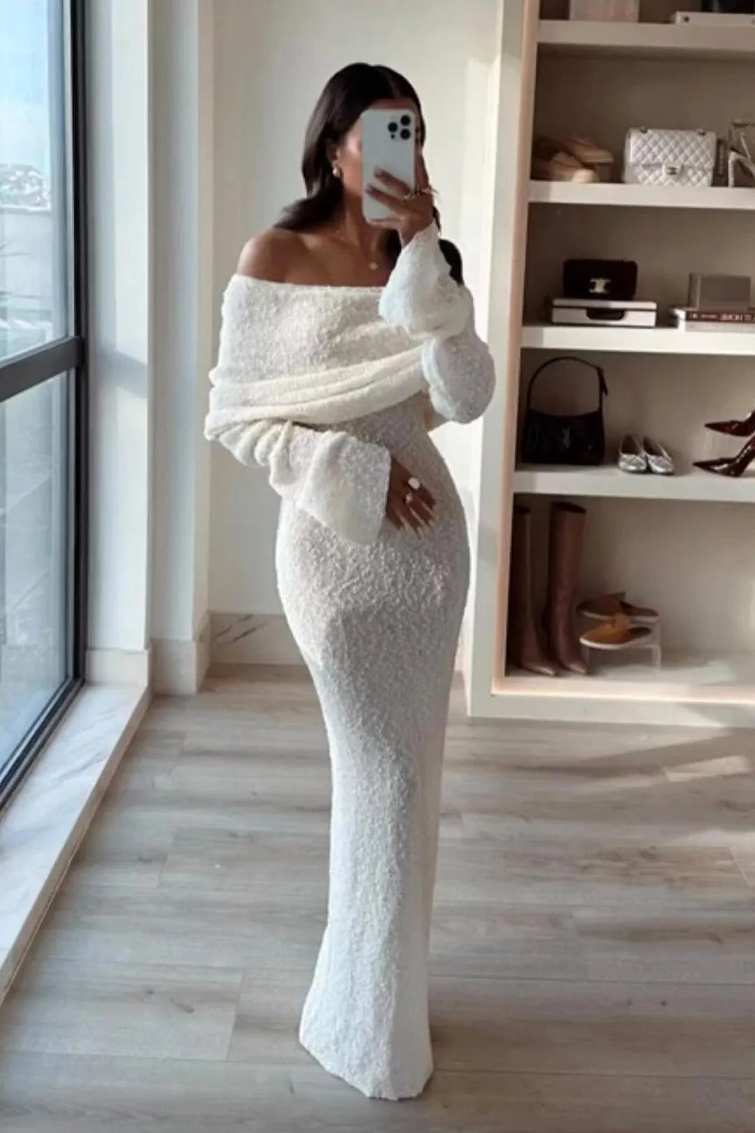 Gebreide Off-Shoulder Maxi Jurk | Navando