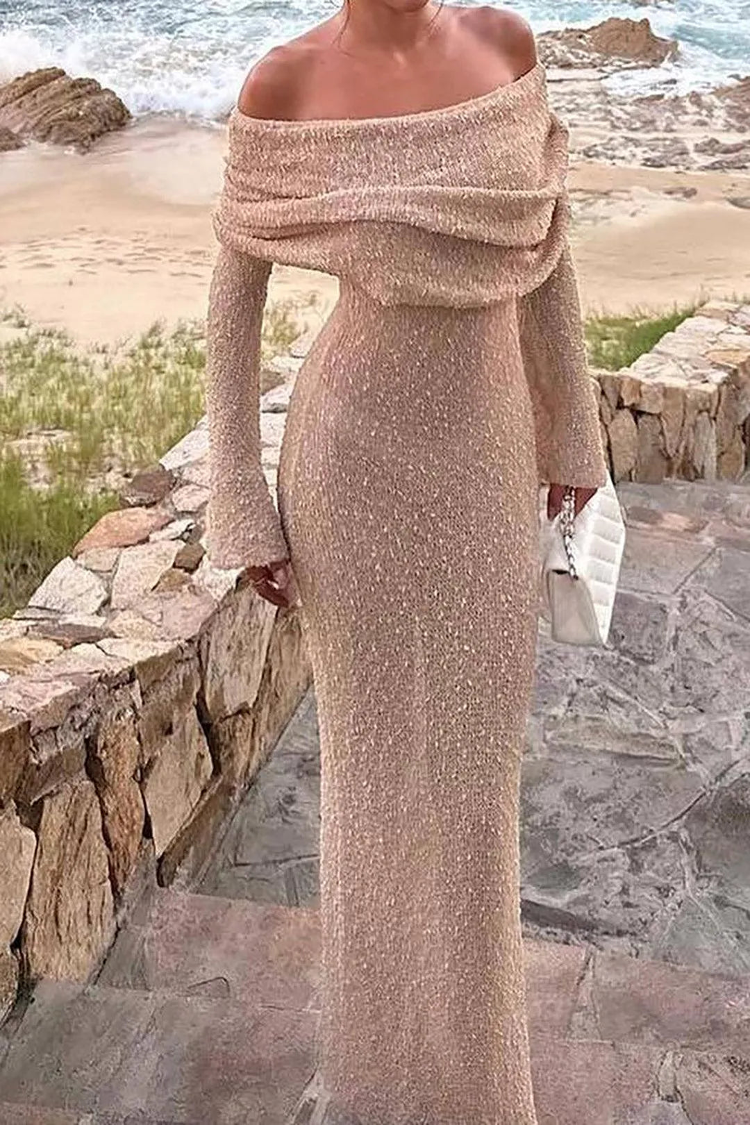Gebreide Off-Shoulder Maxi Jurk | Navando