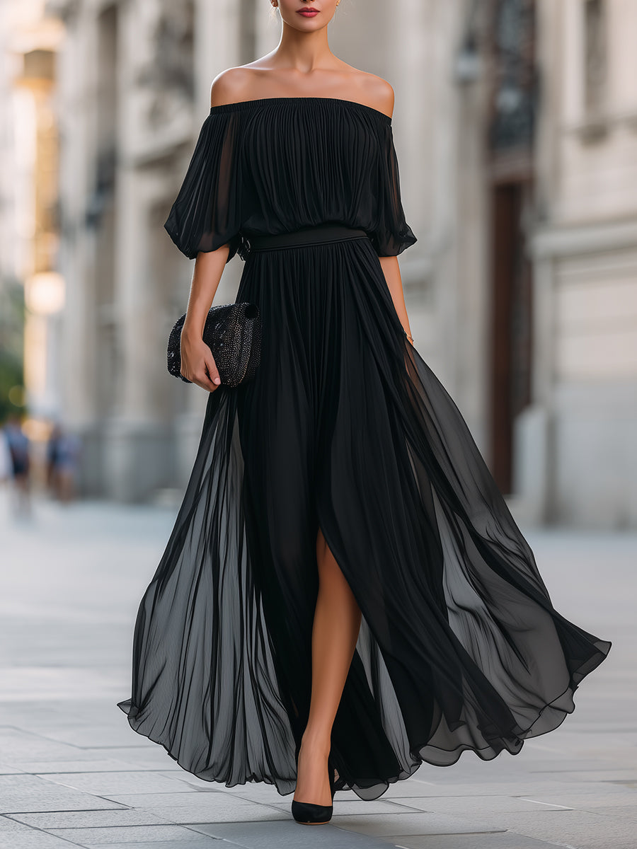 Geplooide Off Shoulder Maxi Jurk | Navando